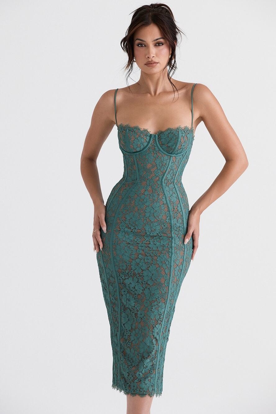 House of CB Forest Green Joelle Lace Midi Dress Size Large Plus Cup